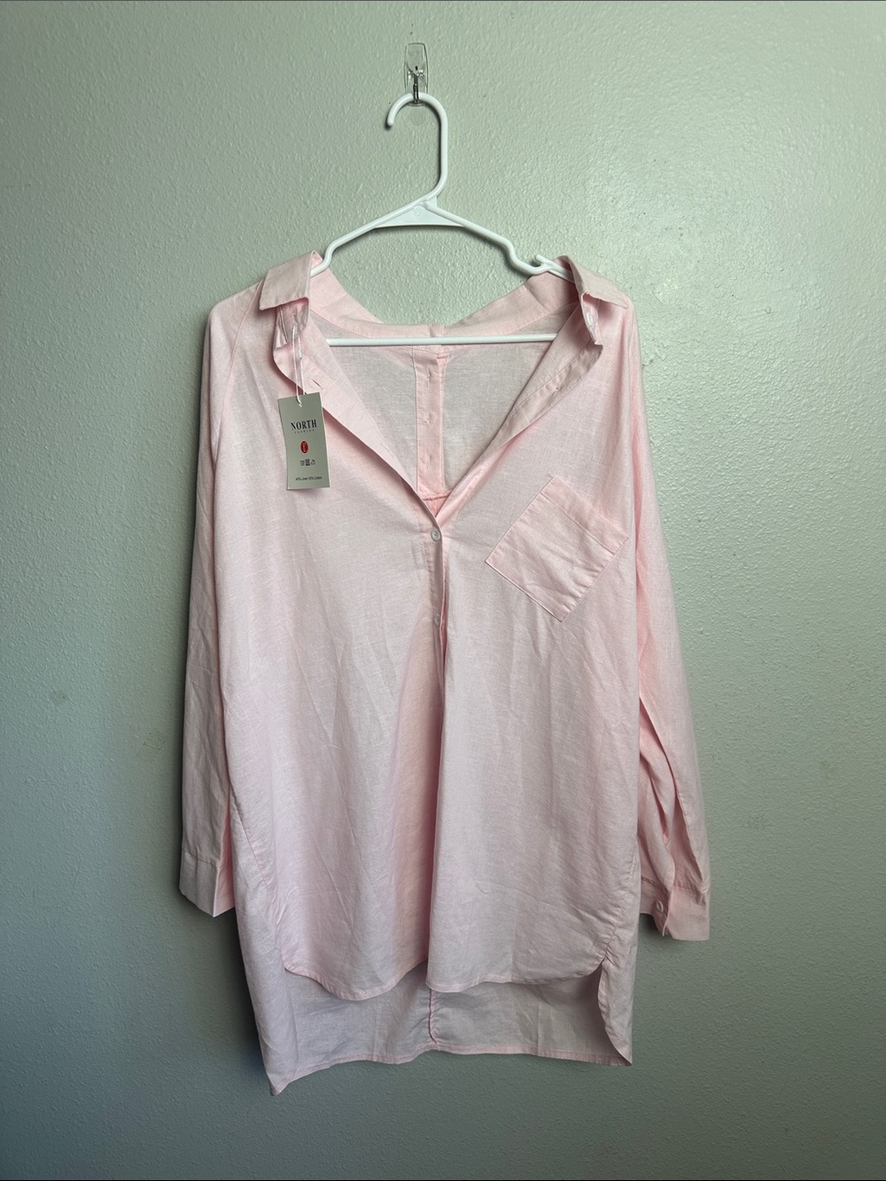 Pale Pink Long-Sleeve Button-Down Tunic linen blend